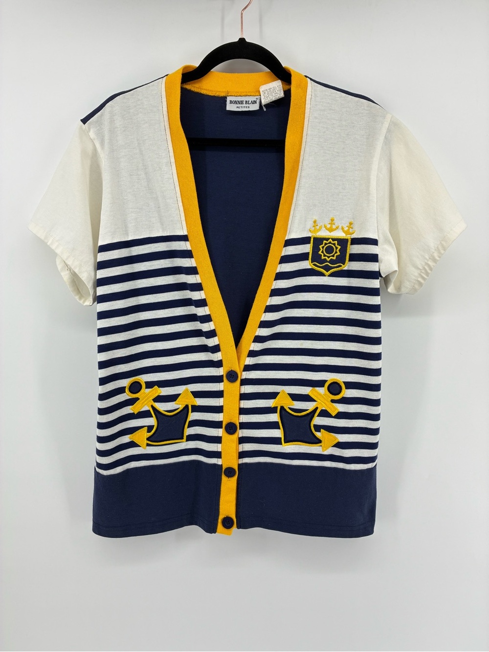 Vintage Navy, White & Yellow Nautical Stripe Short Sleeve Cardigan